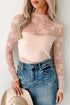 Sheer Floral Lace Mesh Mock Neck Elegant Long Sleeve Fitted Top